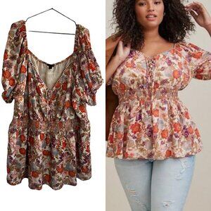 Torrid Georgette Pink Floral Eyelet Smocked Waist Puff Sleeve Blouse Top